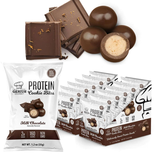 Genius Gourmet Protein Cookie Bites Milk Chocolate - 10g Protein No Added Sugar Low Carb Non-GMO - Sweet Protein Desserts & Protein Snacks for Adults and Kids - 12 Bags
